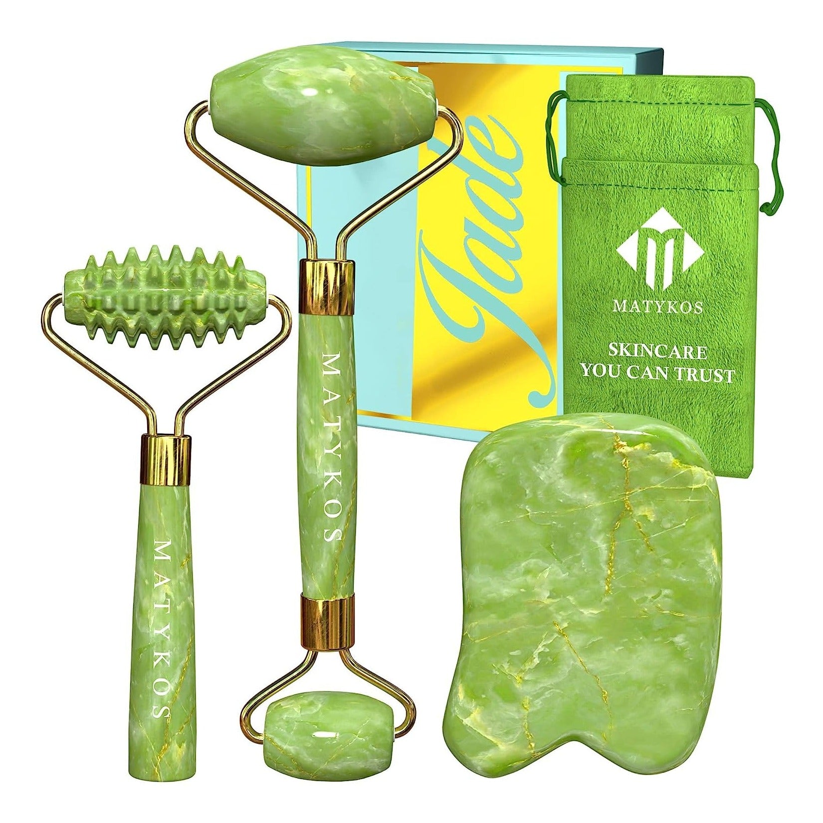 3-Piece Jade Roller & Gua Sha Anti-Aging Facial Massage Set