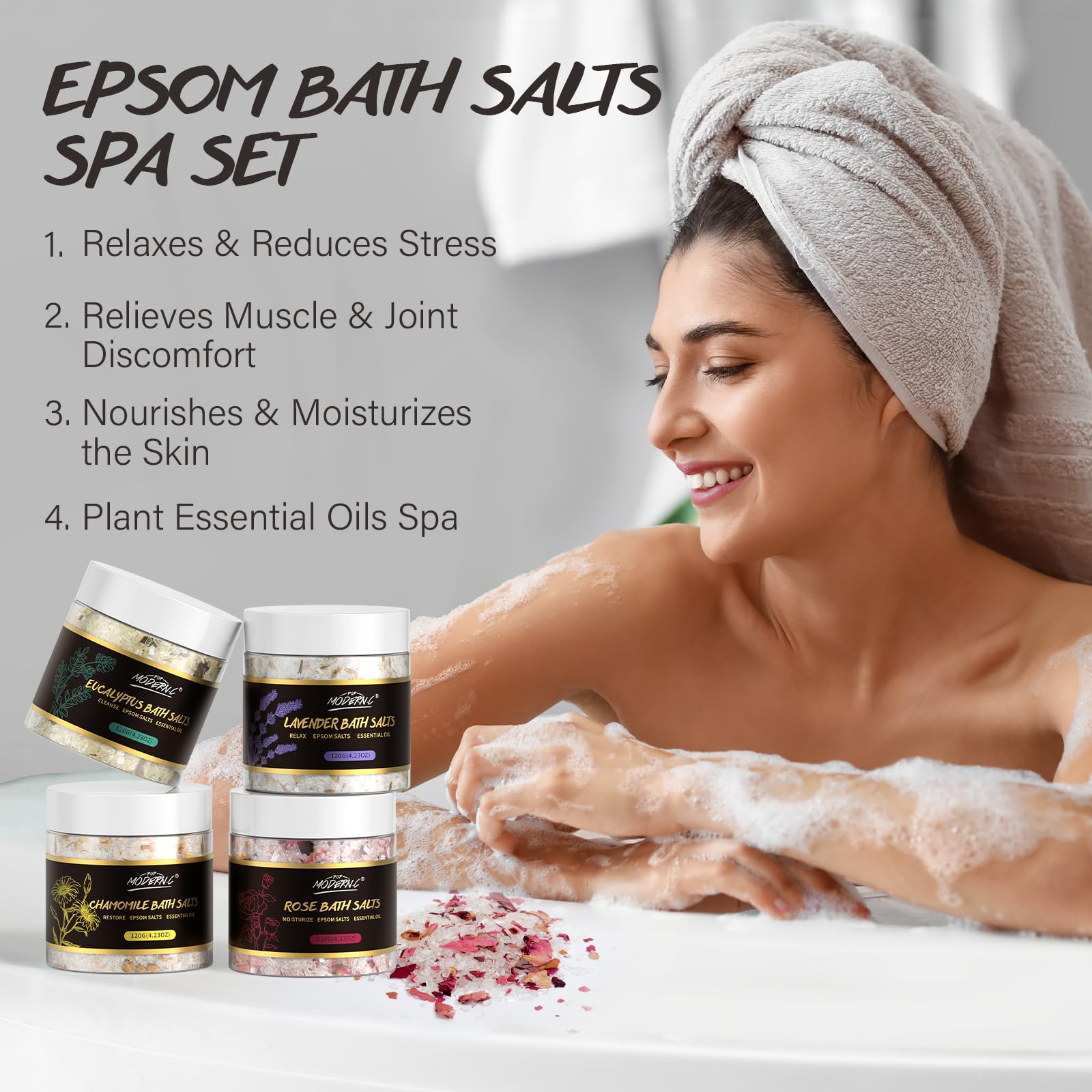 Luxury Epsom Bath Salt Gift Set — 4 Scents: Lavender, Rose, Eucalyptus & Chamomile — Image 2