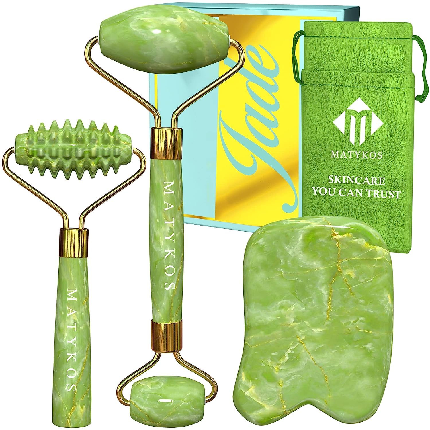 3-Piece Jade Roller & Gua Sha Anti-Aging Facial Massage Set