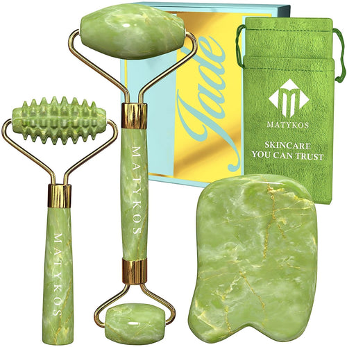 3-Piece Jade Roller & Gua Sha Anti-Aging Facial Massage Set